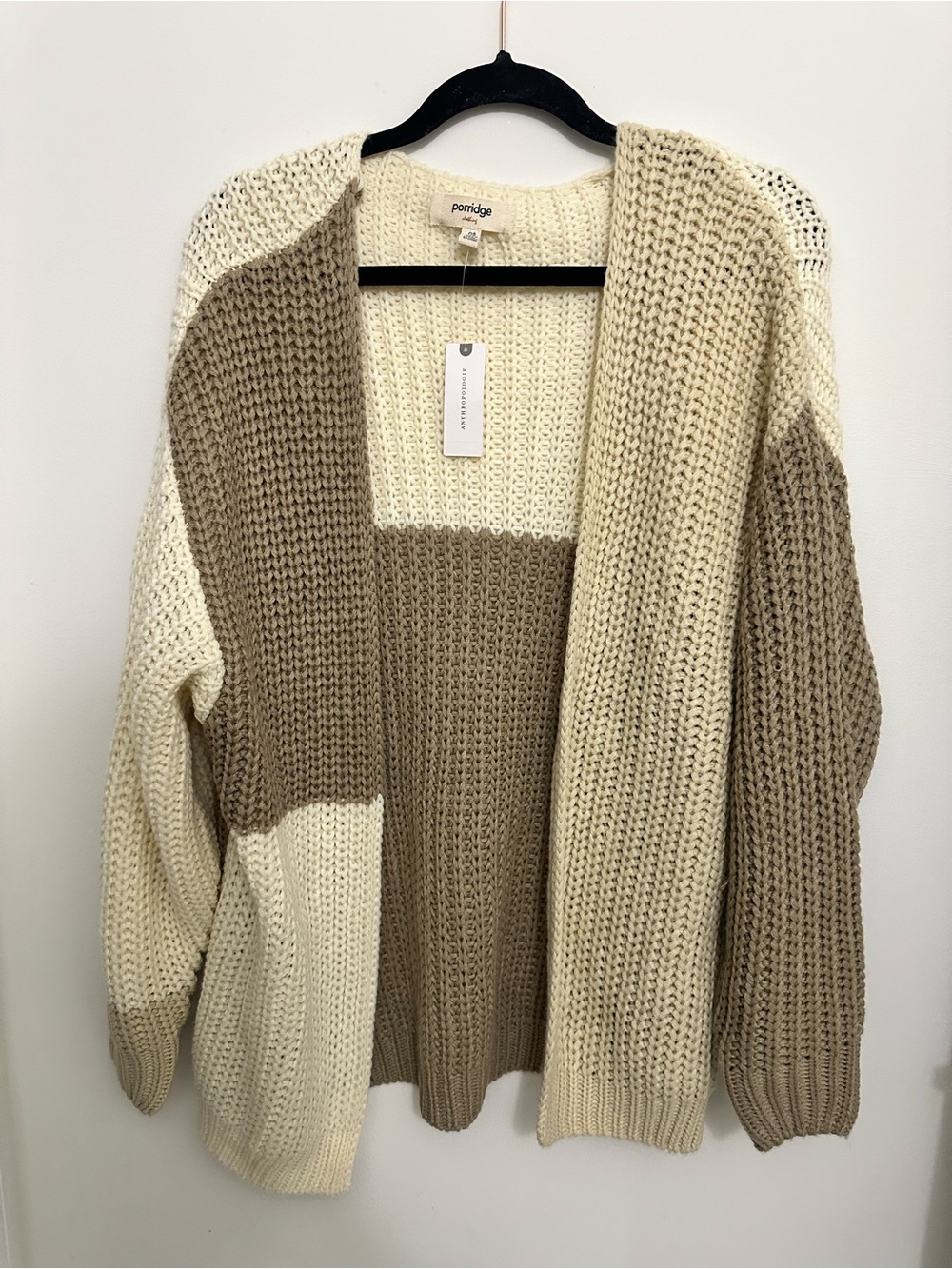 Colorblock Chunky Knit Cardigan - Cream & Tan- Anthropologie - Picture 1 of 2